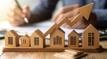 A wooden model of houses shows a rising trend line, symbolizing growth in the real estate market and investment potential.