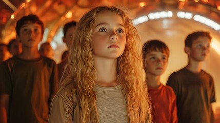 Obraz premium A girl with long hair is looking at the camera. She is surrounded by other children. Scene is one of curiosity and wonder