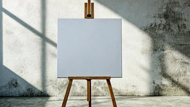 A blank canvas sits on an easel in a studio space with a textured wall and natural light