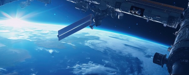 Obraz premium Space station with Earthâ€™s polar ice caps visible, 4K hyperrealistic photo