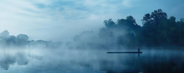 Fototapeta premium Lake with mist and a solitary fisherman, 4K hyperrealistic photo,