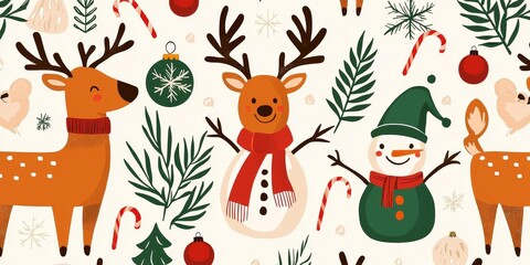 Naklejka premium Happy Christmas characters like reindeer, elves, and snowmen in a playful pattern, seamless