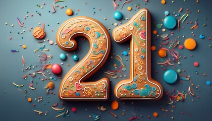 Decorated cookie, number 21, illustration for birthday or anniversary celebration