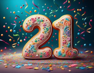 Decorated cookie, number 21, illustration for birthday or anniversary celebration