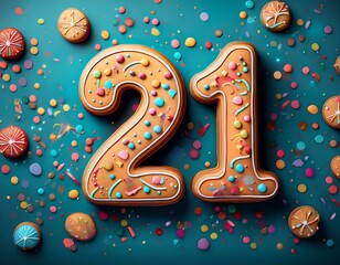 Decorated cookie, number 21, illustration for birthday or anniversary celebration