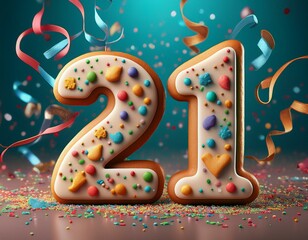Decorated cookie, number 21, illustration for birthday or anniversary celebration