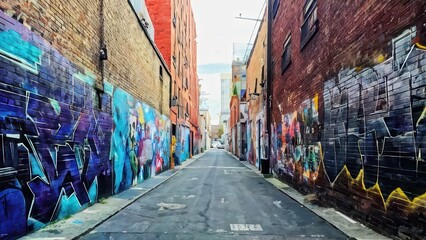 Fototapeta premium A vibrant urban alleyway adorned with colorful graffiti art on brick walls.