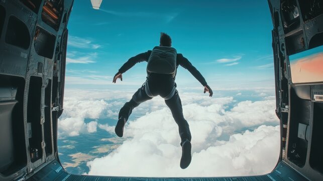 A thrilling scene of a man leaping out of a plane, ready for a skydiving adventure, capturing the excitement of extreme sports