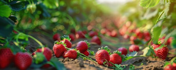 Obraz premium Rows of strawberries in a farm field, 4K hyperrealistic photo,