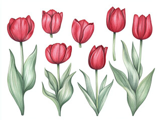 Obraz premium Watercolor Red Tulips Illustration - Spring Flowers Bouquet