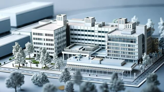 A detailed model of a modern hospital building with a small street, trees, and landscaping
