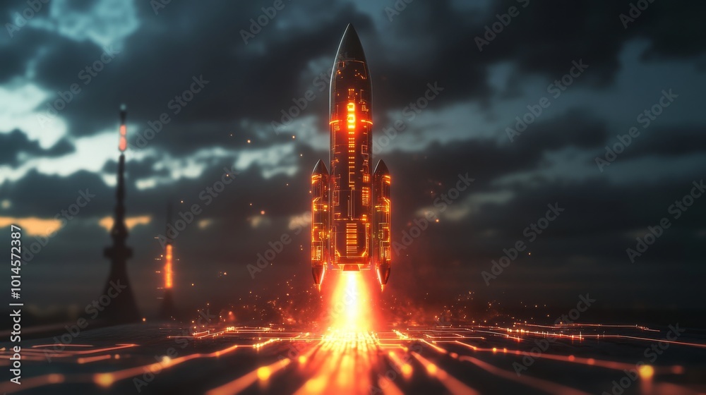 Poster a sleek, futuristic rocket blasts off into the evening sky, leaving behind fiery trails. the scene f