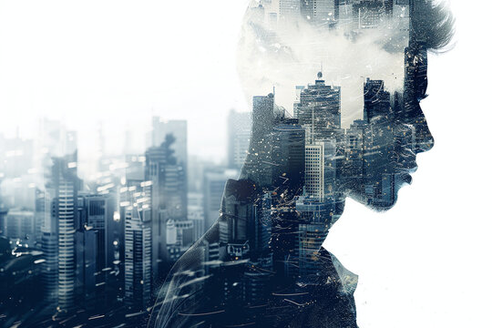 Double exposure of man silhouette and modern city skyline background