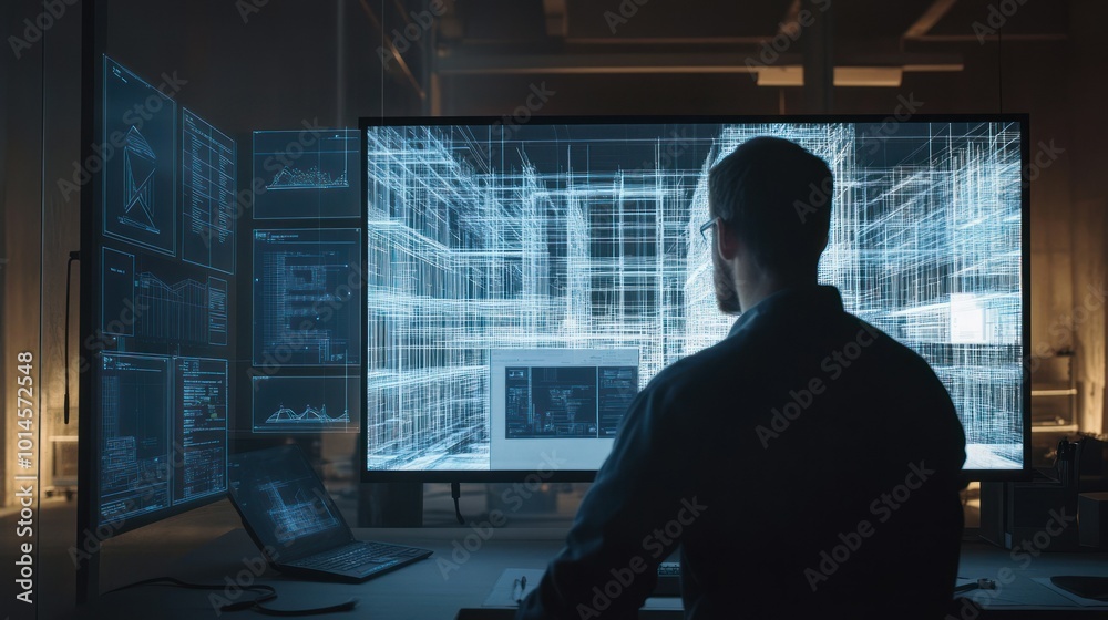 Fototapete A Man Working on a Computer with a Digital 3D Model Displayed on the Screen