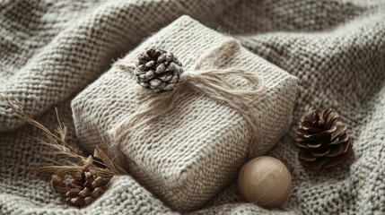 Charming and cozy gift beautifully wrapped in soft neutral tones for any special occasion