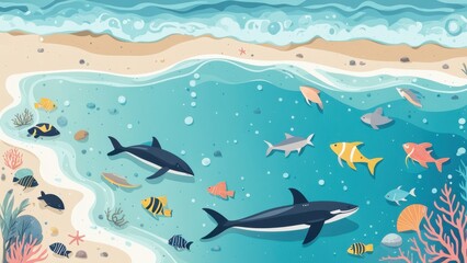 Naklejka premium A vibrant underwater scene featuring various fish and sharks near a sandy beach.