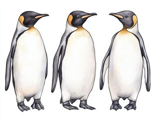 Fototapeta premium Three Emperor Penguins Watercolor Illustration
