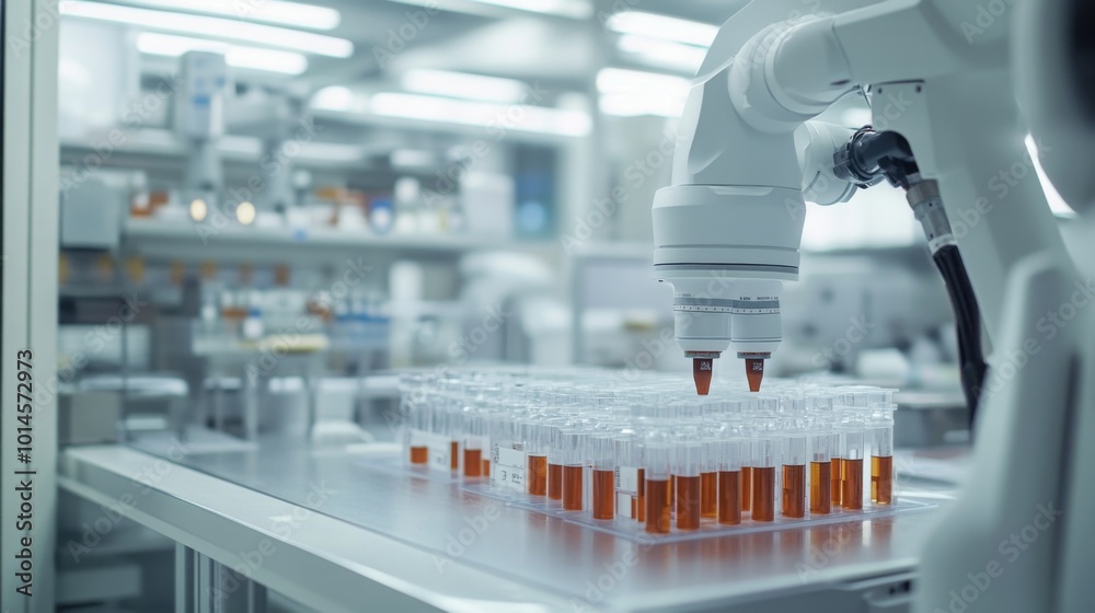 Poster A robotic arm efficiently transfers liquid samples into well plates in a high-tech laboratory, showcasing automation in scientific research and development.