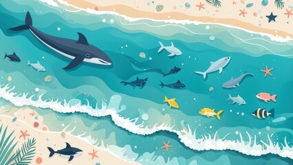Naklejka premium A vibrant underwater scene featuring various fish and a whale near a sandy beach.