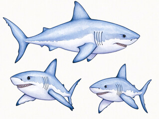 Naklejka premium Watercolor Illustration of Great White Sharks