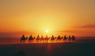 Desert caravan at sunrise with silhouetted camels, 4K hyperrealistic photo