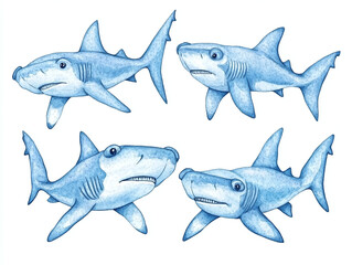 Naklejka premium Watercolor Illustration of Four Blue Sharks