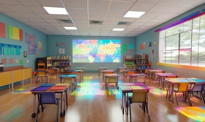 Empty classroom with colorful world map projection.