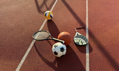 Set of sport equipment, rackets and tennis balls soccer and basketball balls