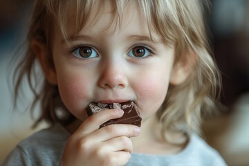 Naklejka premium A sweet-toothed child eats chocolate. Selective focus