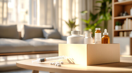 A cardboard box filled with various medical products on a table in a cozy living room setting during daylight hours