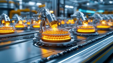 Fototapeta premium Advanced Technology in Pharmaceutical Manufacturing: Automated Chemical Mixing Machinery in Futuristic Plant