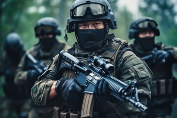 Naklejka premium Chinese soldier training in a forest setting, focusing on tactical maneuvers while equipped with modern combat gear during a military exercise