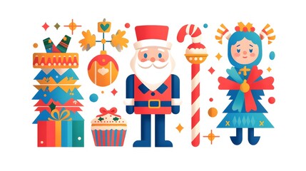 A Christmas-themed vector illustration with various holiday elements such as presents, nutcracker doll figurines, and Santa Claus characters.