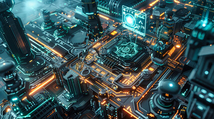 Highly detailed AI chip illustration with a holographic interface and futuristic cityscape in a vibrant digital art style