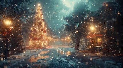 Snowy village street with festive decorations and warmly lit houses at dusk.