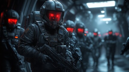 Fototapeta premium A group of soldiers in a futuristic setting with a man in the middle holding a gun. The soldiers are all wearing black and red uniforms