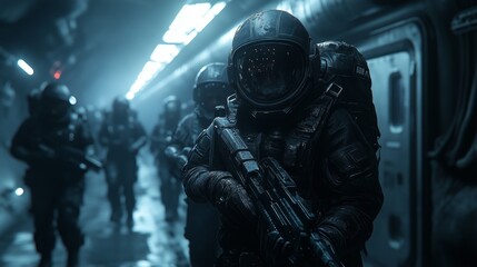Fototapeta premium A group of soldiers in space suits are walking down a hallway. Scene is tense and serious, as the soldiers are dressed in their full gear and appear to be on a mission