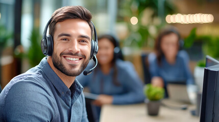 Cheerful call center worker with headset engaged in customer service at his desk in a modern office setting during a professional workday