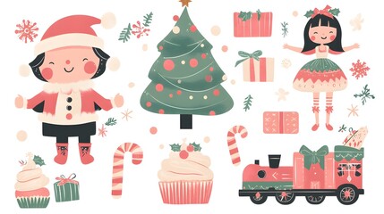 Fototapeta premium A Christmas-themed vector illustration with various holiday elements such as presents, nutcracker doll figurines, and Santa Claus characters.