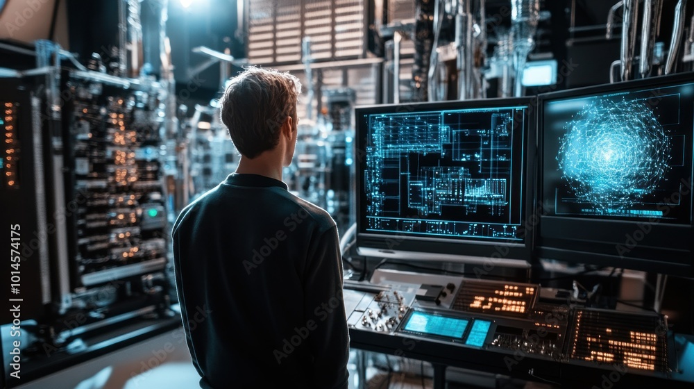 Poster A Man in a Dark Sweatshirt Standing in Front of a Computer with a Blue Screen Displaying Data and a Network Diagram