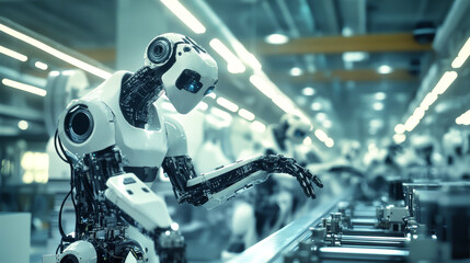 Fototapeta premium In a bright and modern factory, robots skillfully assemble complex products with precision, showcasing advanced technology and innovation in manufacturing