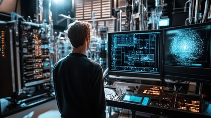 A Man in a Dark Sweatshirt Standing in Front of a Computer with a Blue Screen Displaying Data and a Network Diagram