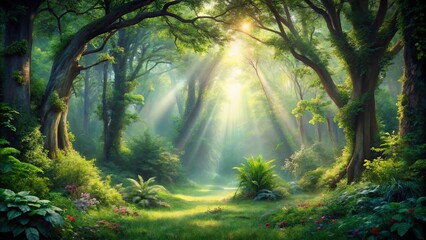 Obraz premium Sunlight Streaks Through a Lush Canopy in a Tranquil Forest, Illuminating a Pathway Through the Verdant Undergrowth
