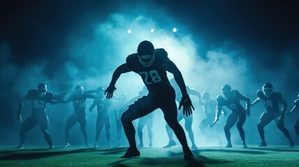 American Football Players in Silhouette on Field with Smoke and Lights