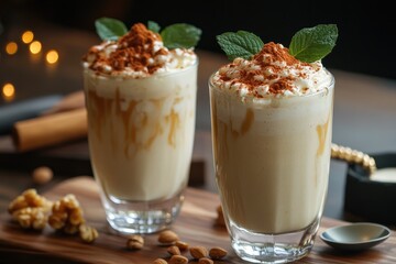 Two eggnog milkshakes topped with whipped cream and nuts on a table with spices
