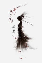 Fototapeta premium A graceful female silhouette in a Sumi-e ink painting, blending minimalism with Zen aesthetics. Delicate and expressive, perfect for interior design, art prints, branding, and meditation artwork
