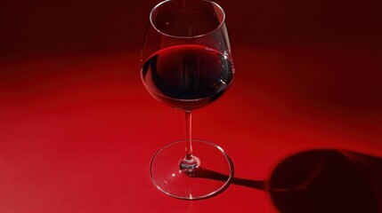 A glass of red wine on a striking red background, emphasizing elegance and indulgence.