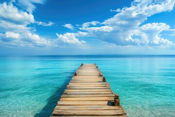 Wooden pier stretching out into tranquil turquoise ocean