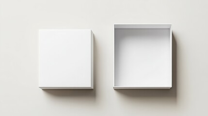 Realistic box top view. Open white package mockup, cardboard closed gift box blank paper pack. Square container vector design template