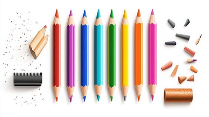 Naklejka premium Realistic pencils. 3D colored school stationery with sharpener and shavings. Vector set isolated wooden graphite sharpened pencils with rubber of different size